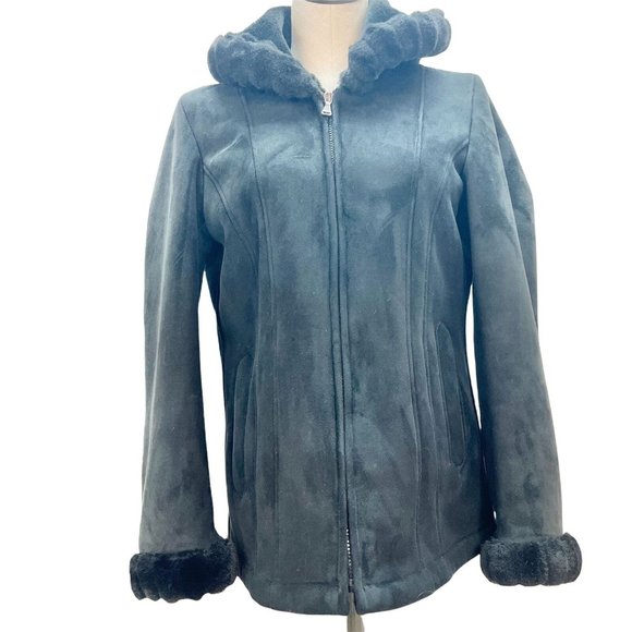 Esprit Women's Small Black Suede Zip Up Jacket Fur Lining Hood Cuffs - Picture 1 of 8